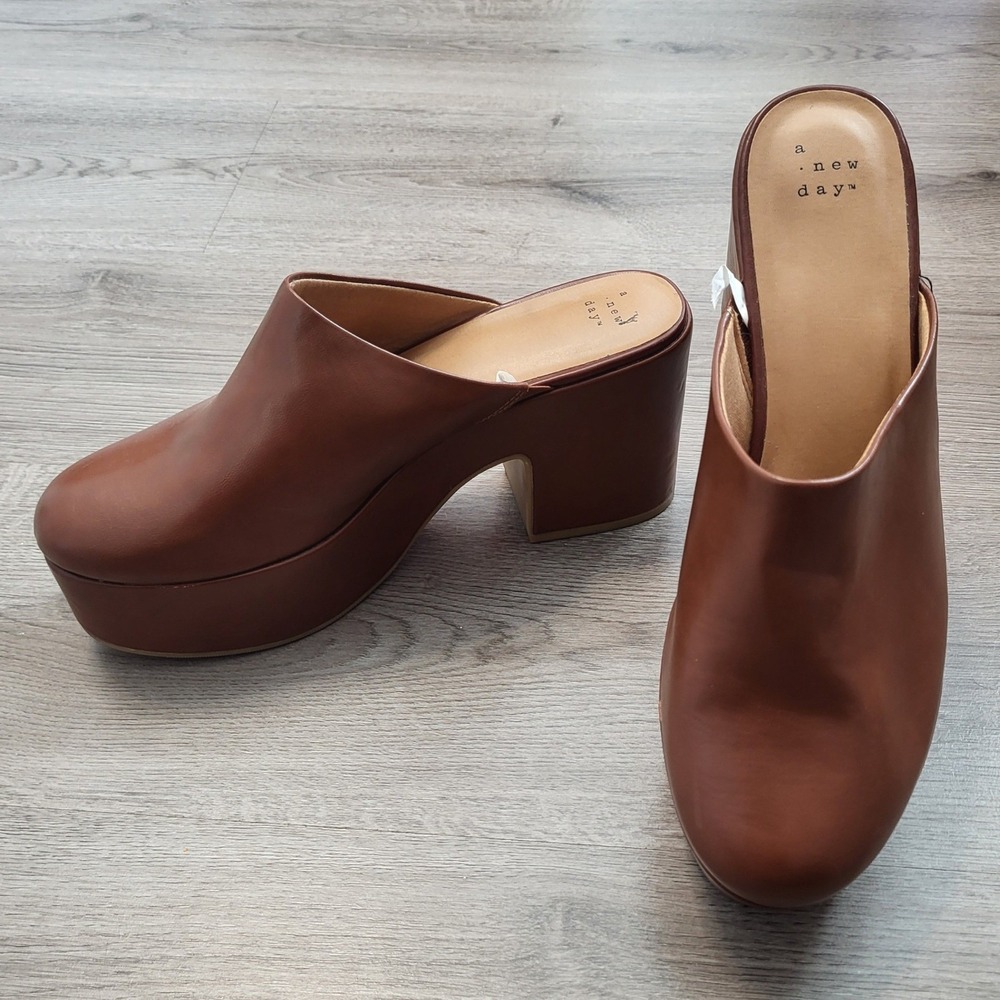 Womens Cognac Brown Platform Mules Chunky Block Heel Size 11 Vegan Fall Slip O